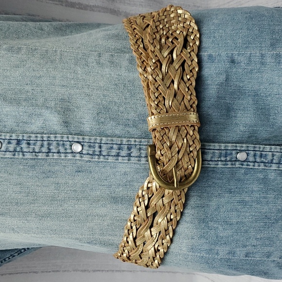 Woven Leather Belt - Metallic Gold Tone Sz Large by Calvin Klein - Picture 3 of 16